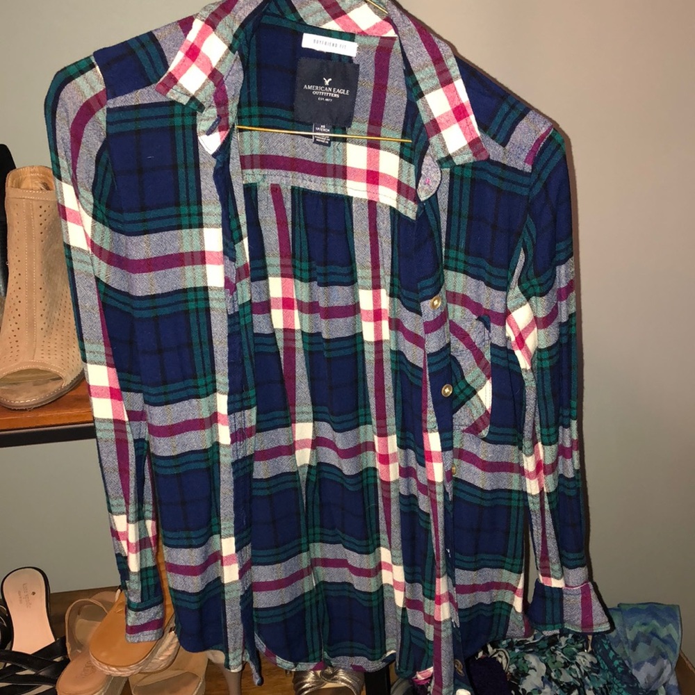American Eagle XS Flannel Green blue pink boyfriend fit